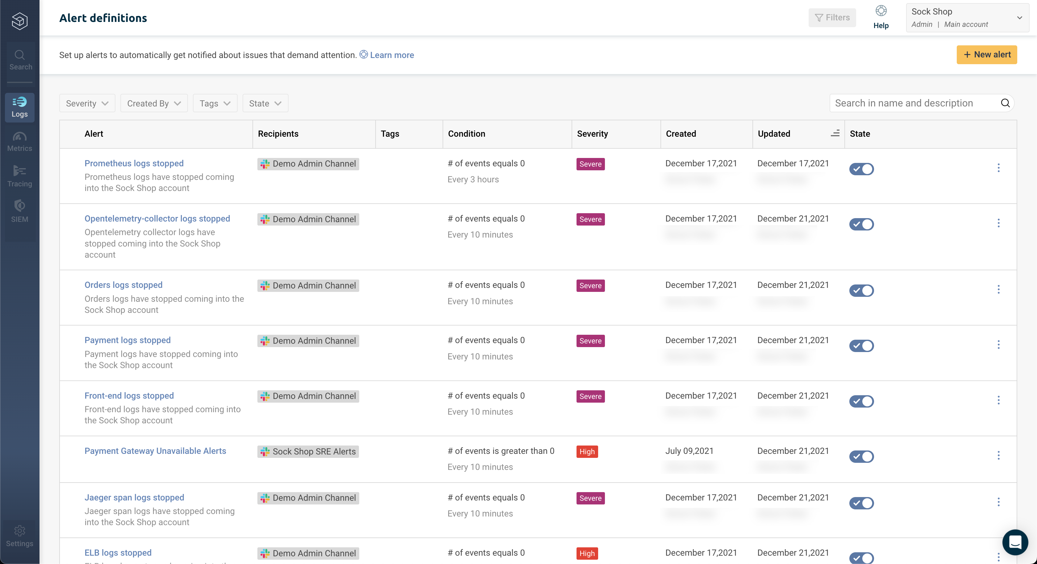 Checking log alerts definitions using Logz