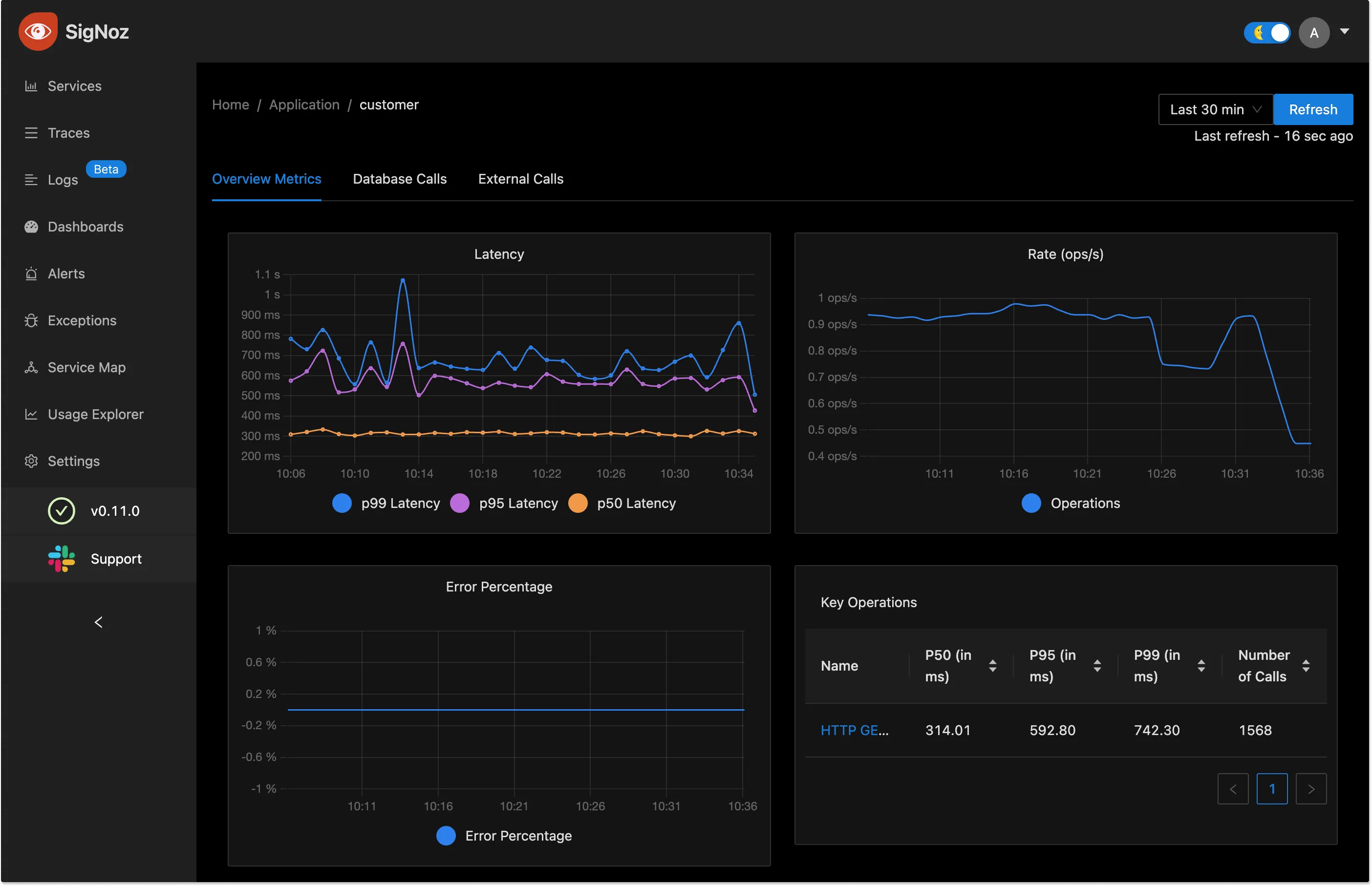 SigNoz application metrics details overview