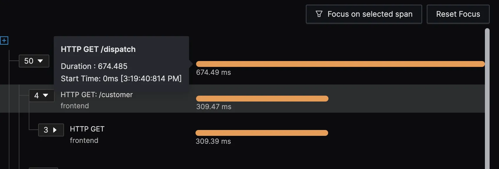 See details like duration and start time of a span upon hovering