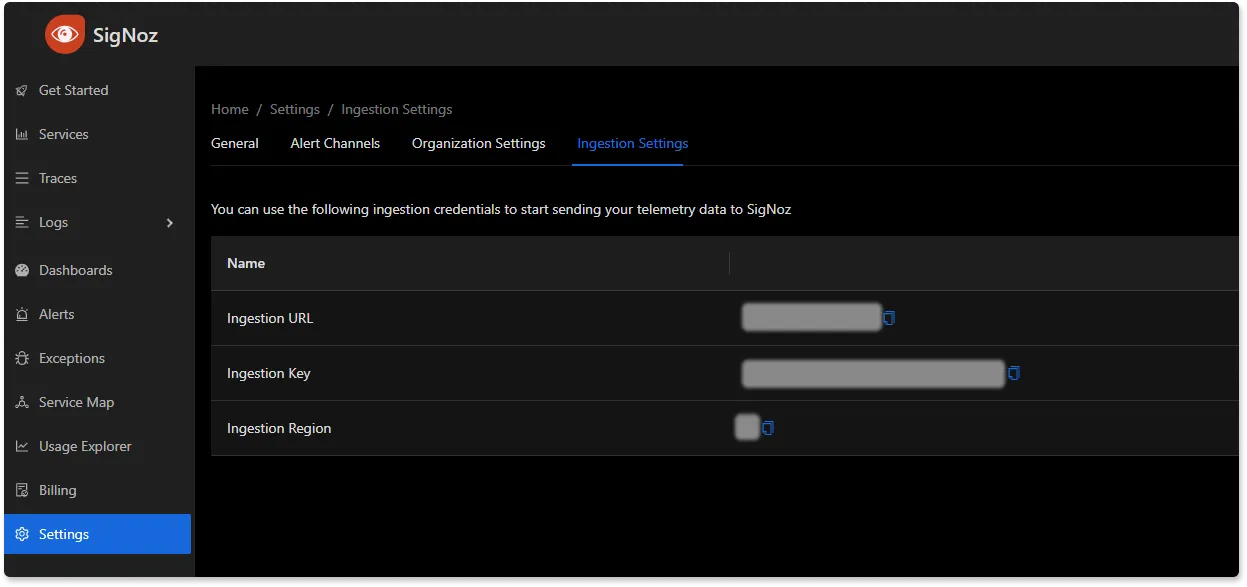 Find ingestion settings in SigNoz dashboard