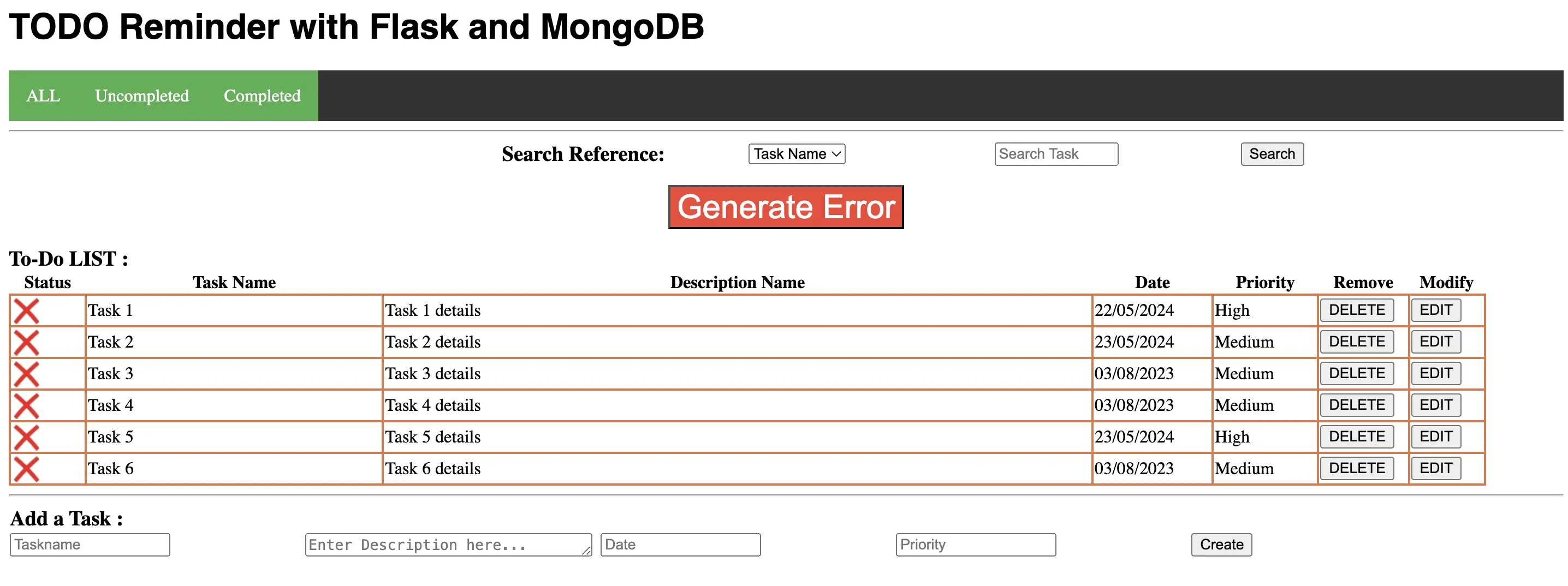 Sample Flask To-so application running on local host